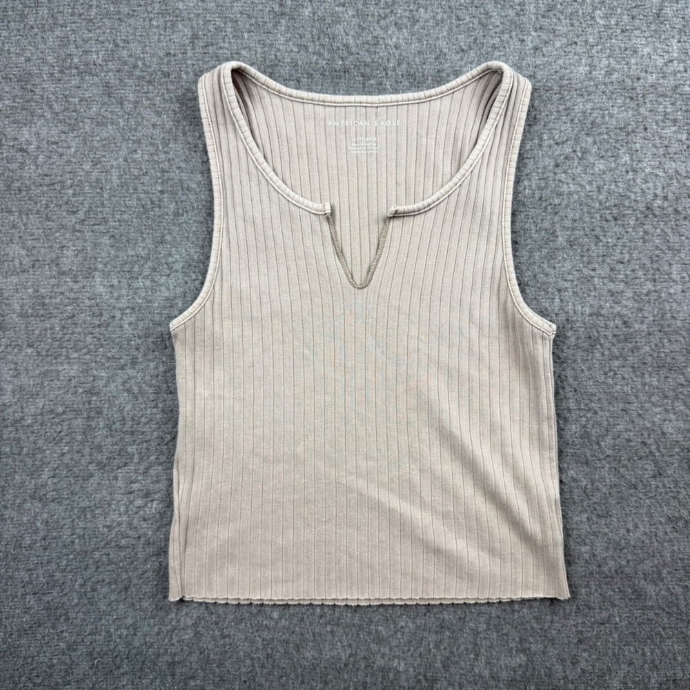 American Eagle Tank Top Women's XS Tan‎ Ribbed Notched V-Neck Sleeveless Crop